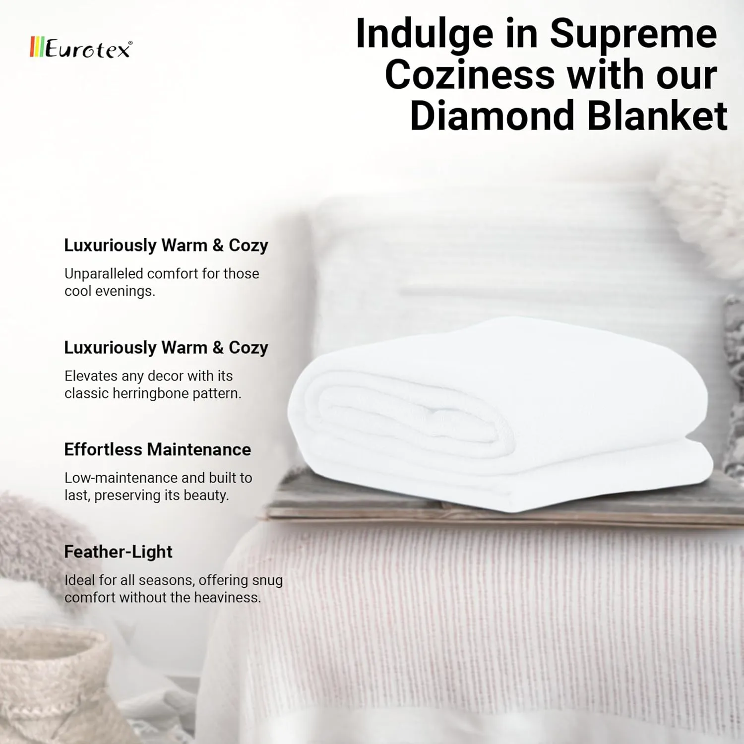 EUROTEX 100% Cotton Twin Size Blanket - Soft, Breathable, Lightweight for Summer, Spring, Fall; Diamond Weave for Bed, Couch, Sofa (White 66x90 in)
