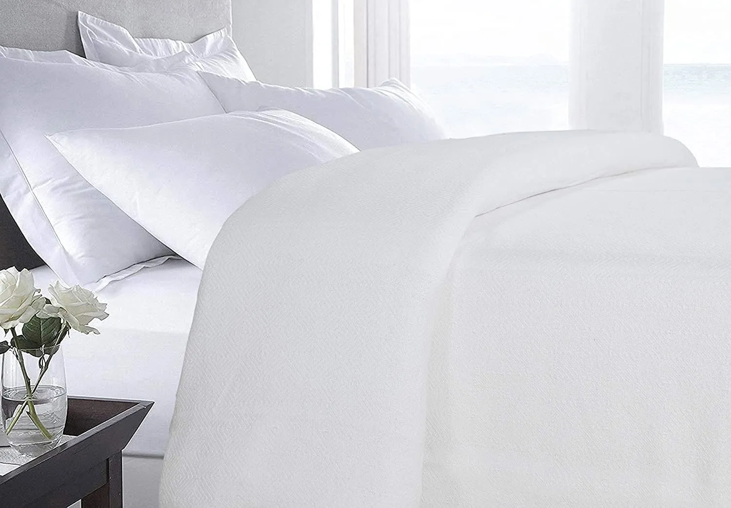 EUROTEX 100% Cotton Twin Size Blanket - Soft, Breathable, Lightweight for Summer, Spring, Fall; Diamond Weave for Bed, Couch, Sofa (White 66x90 in)