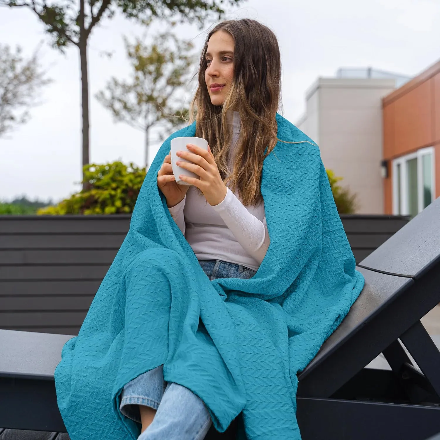 EUROTEX 100% Cotton Twin Size Blanket - Soft, Breathable, Lightweight Thermal Blanket for Summer, Spring, Fall - Herringbone Weave for Couch, Sofa - Teal (66x90 in)