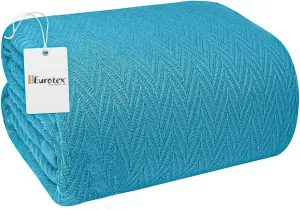 EUROTEX 100% Cotton Twin Size Blanket - Soft, Breathable, Lightweight Thermal Blanket for Summer, Spring, Fall - Herringbone Weave for Couch, Sofa - Teal (66x90 in)
