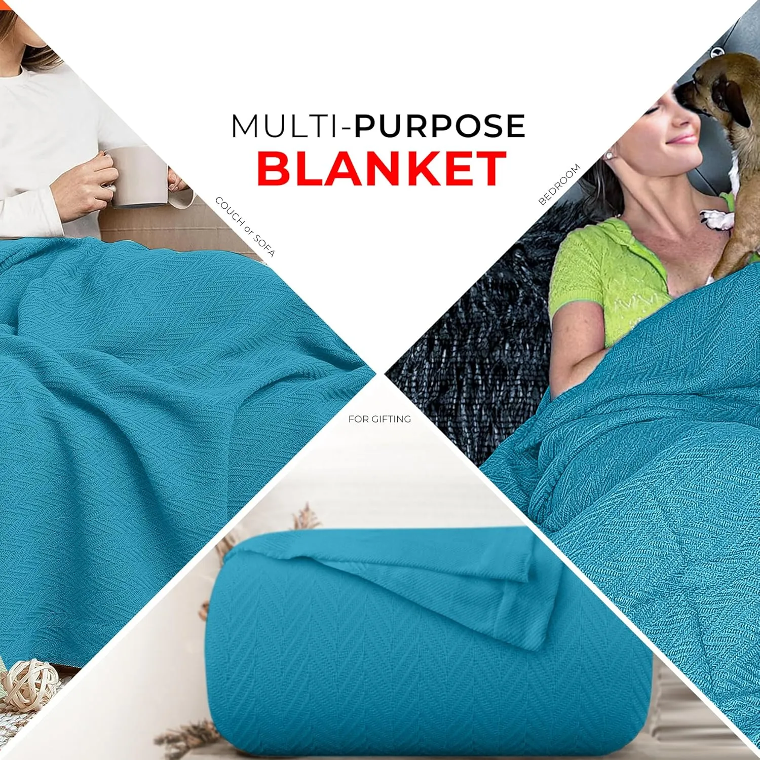 EUROTEX 100% Cotton Twin Size Blanket - Soft, Breathable, Lightweight Thermal Blanket for Summer, Spring, Fall - Herringbone Weave for Couch, Sofa - Teal (66x90 in)
