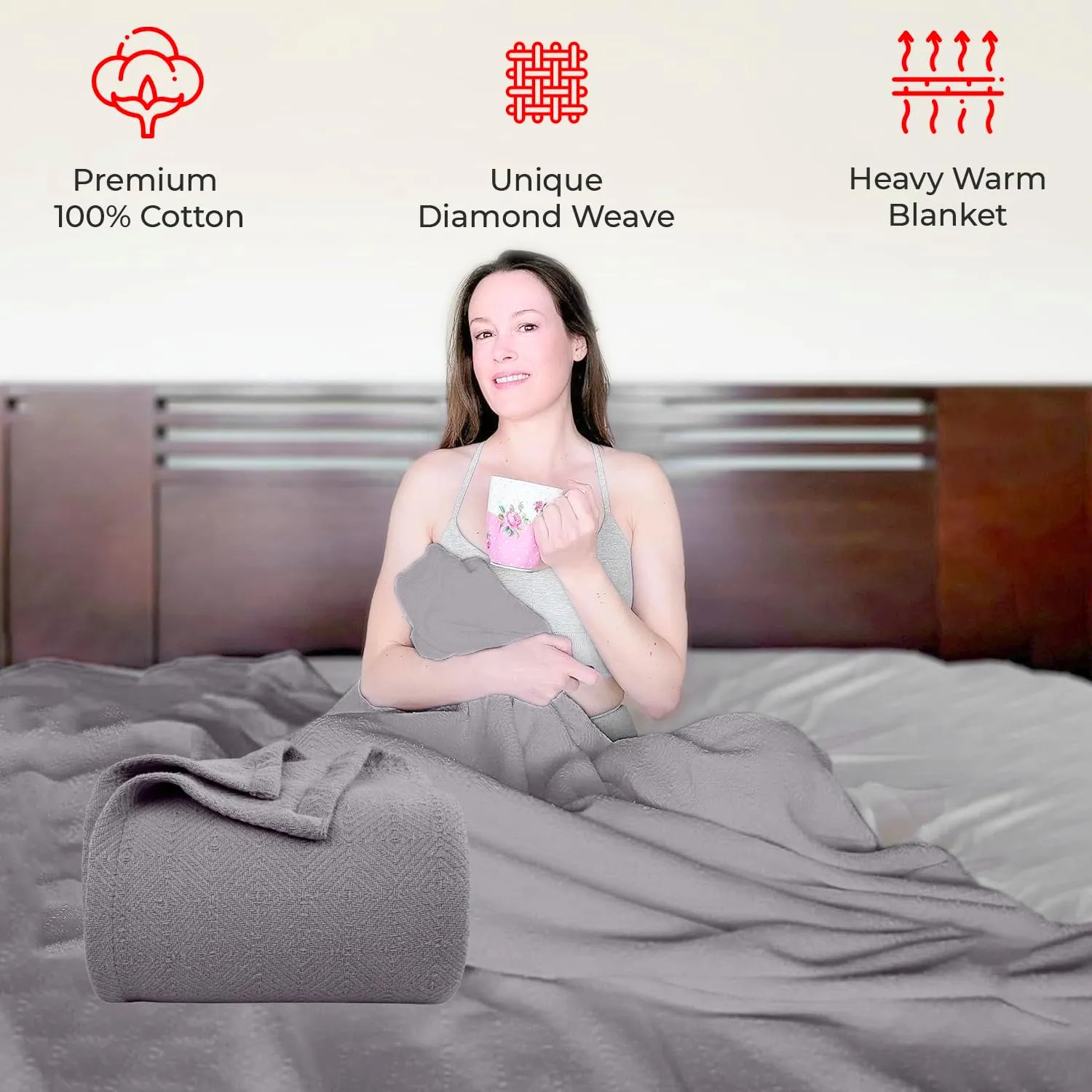EUROTEX 100% Cotton Twin Size Blanket - Soft, Breathable, Lightweight Thermal Blanket for Summer, Spring, Fall. Soft Diamond Weave for Couch, Sofa (Flint Grey 66x90 in)