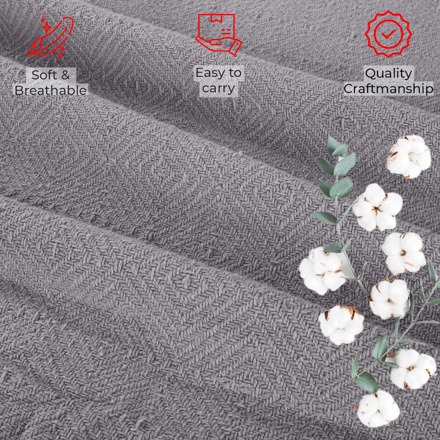 EUROTEX 100% Cotton Twin Size Blanket - Soft, Breathable, Lightweight Thermal Blanket for Summer, Spring, Fall. Soft Diamond Weave for Couch, Sofa (Flint Grey 66x90 in)