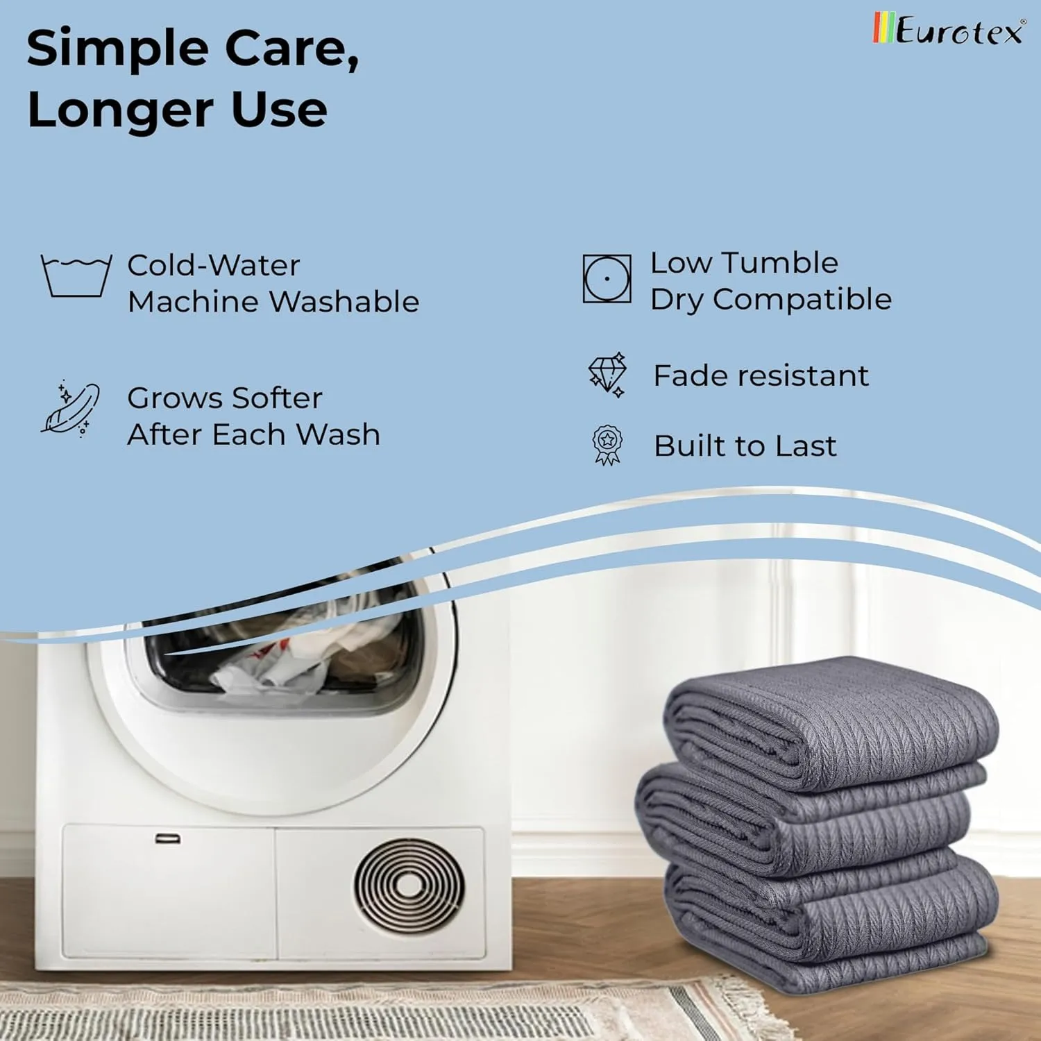 EUROTEX 100% Cotton Twin Size Blanket - Soft Breathable Thin Lightweight Thermal for Summer, Spring and Fall - Cable Weave for Bed, Couch, Sofa (Grey 66x90 in)
