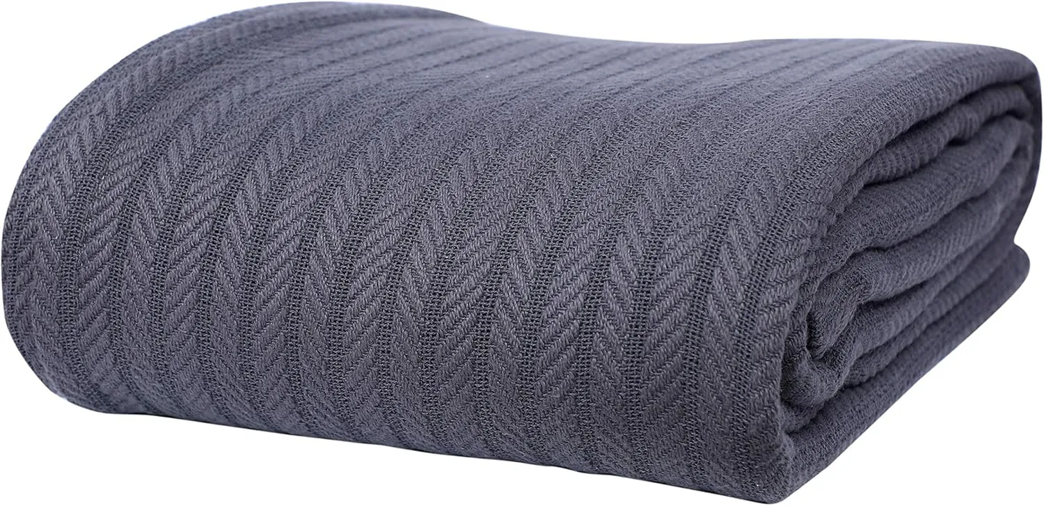 EUROTEX 100% Cotton Twin Size Blanket - Soft Breathable Thin Lightweight Thermal for Summer, Spring and Fall - Cable Weave for Bed, Couch, Sofa (Grey 66x90 in)