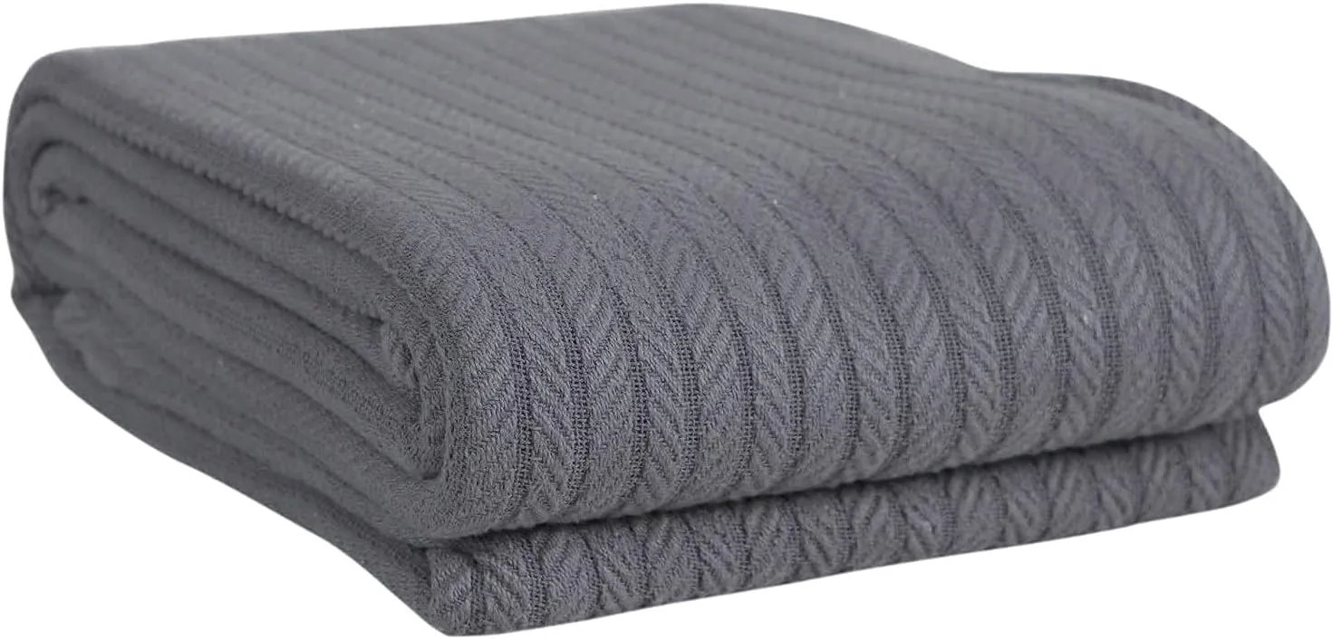 EUROTEX 100% Cotton Twin Size Blanket - Soft Breathable Thin Lightweight Thermal for Summer, Spring and Fall - Cable Weave for Bed, Couch, Sofa (Grey 66x90 in)