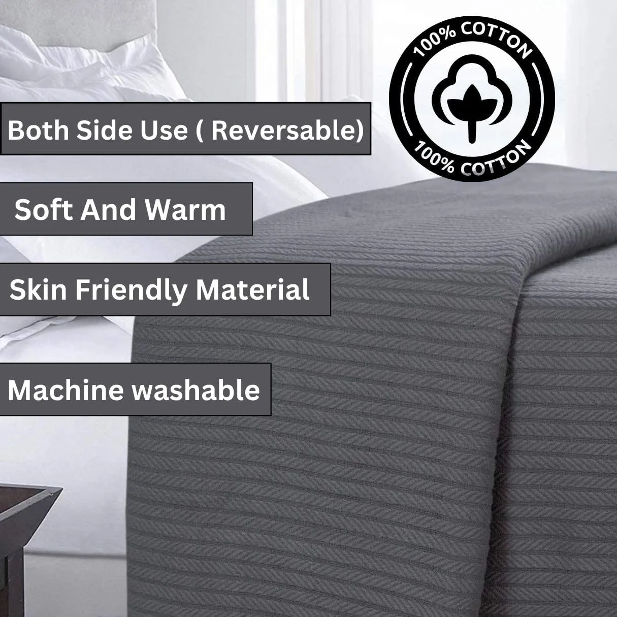 EUROTEX 100% Cotton Twin Size Blanket - Soft Breathable Thin Lightweight Thermal for Summer, Spring and Fall - Cable Weave for Bed, Couch, Sofa (Grey 66x90 in)