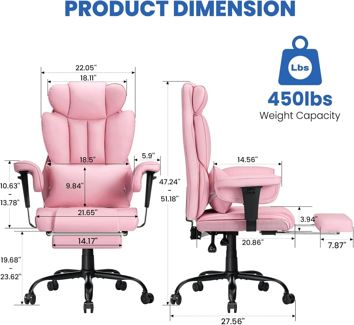 Executive Office Chair Big and Tall with Massage Lumbar Support Heavy Duty Desk Chair with Reclining Office Chair with Footrest High Back Ergonomic PU Leather Chair for Heavy People Pink