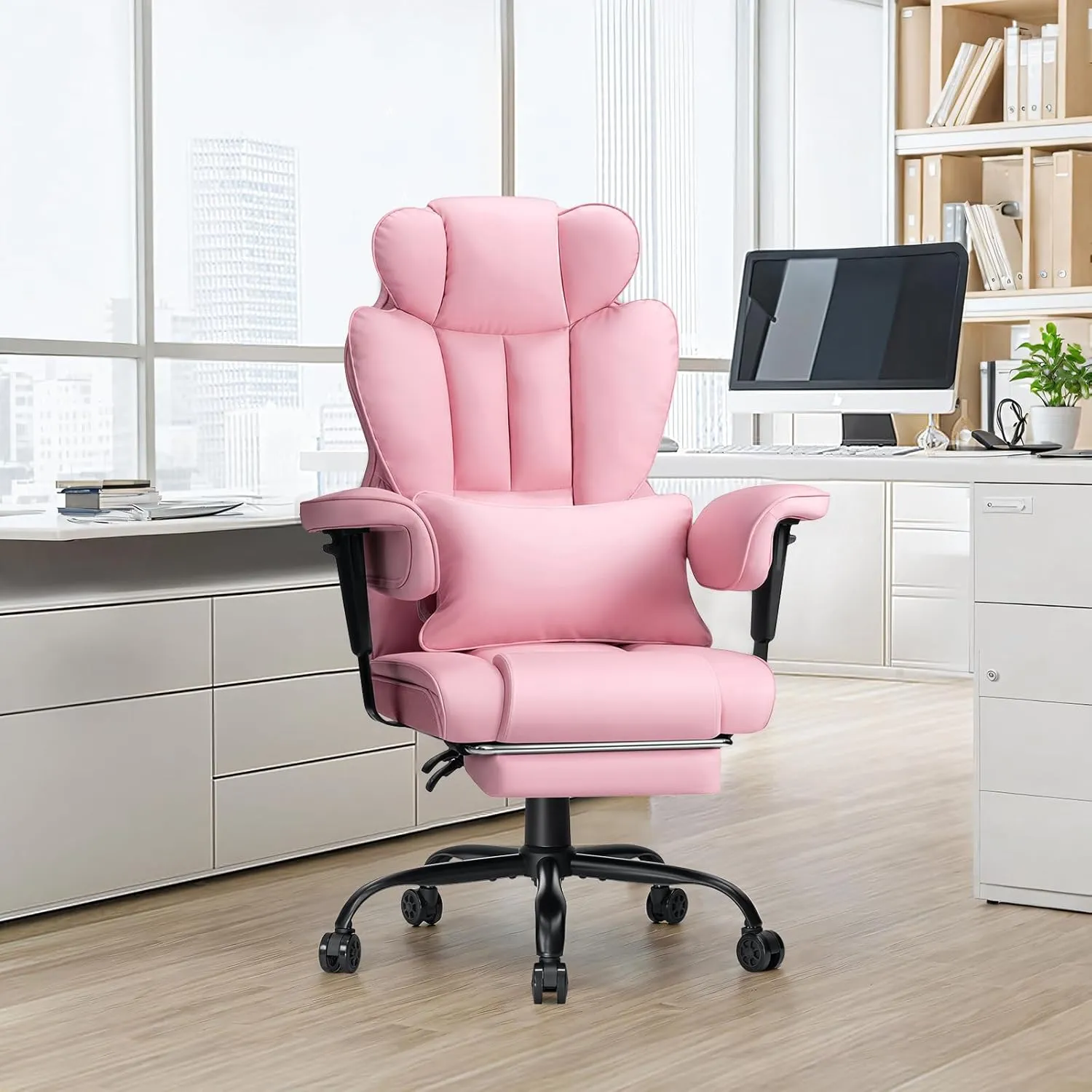 Executive Office Chair Big and Tall with Massage Lumbar Support Heavy Duty Desk Chair with Reclining Office Chair with Footrest High Back Ergonomic PU Leather Chair for Heavy People Pink