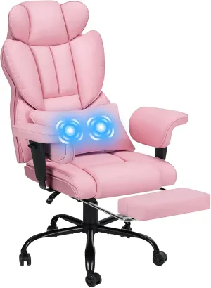 Executive Office Chair Big and Tall with Massage Lumbar Support Heavy Duty Desk Chair with Reclining Office Chair with Footrest High Back Ergonomic PU Leather Chair for Heavy People Pink