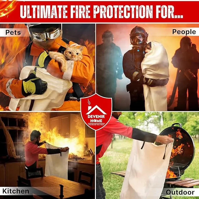 Extra Large Fire Blanket - 48”x 48” Pack of 4 Blankets with 8 Hooks and 4 Gloves, Fire Blankets Emergency for Home, Car, Kitchen, Warehouse, Outdoor, and Camping Safety