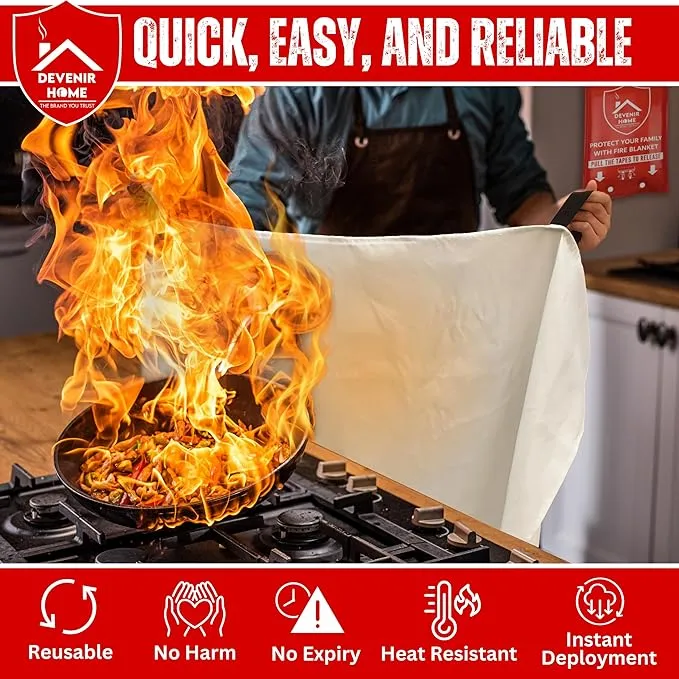 Extra Large Fire Blanket - 48”x 48” Pack of 4 Blankets with 8 Hooks and 4 Gloves, Fire Blankets Emergency for Home, Car, Kitchen, Warehouse, Outdoor, and Camping Safety
