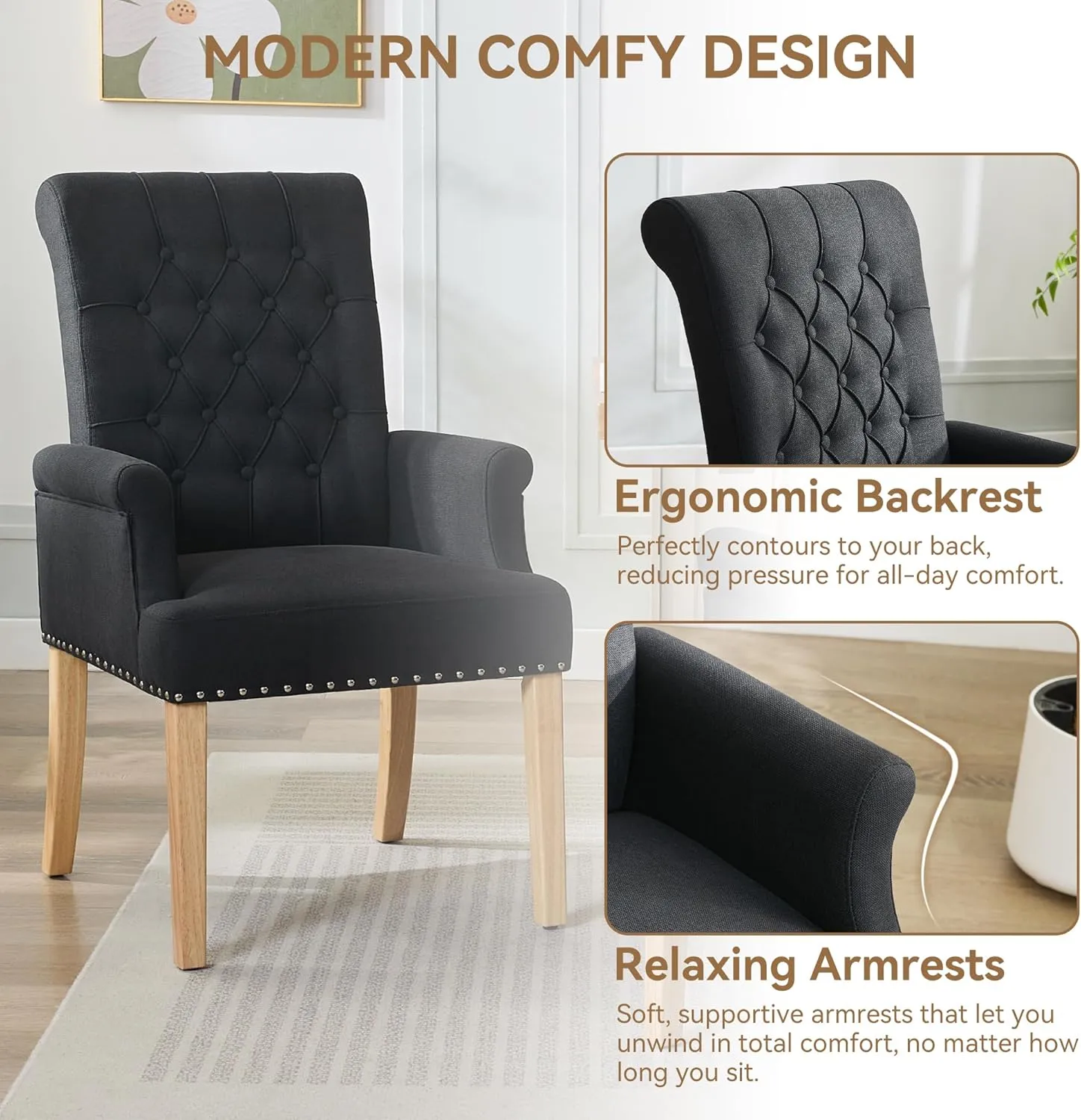 Fabric Dining Chair with Arms, Upholstered Tufted High Back Dining Room Chairs, Accent Armchair with Solid Wood Leg and Nailhead Trim, Kitchen Dining Living Room, Black