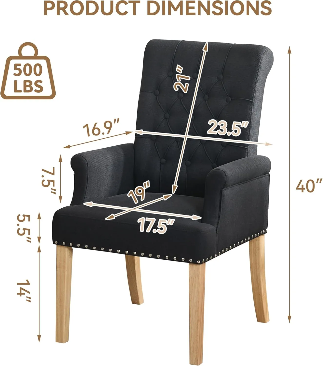 Fabric Dining Chair with Arms, Upholstered Tufted High Back Dining Room Chairs, Accent Armchair with Solid Wood Leg and Nailhead Trim, Kitchen Dining Living Room, Black