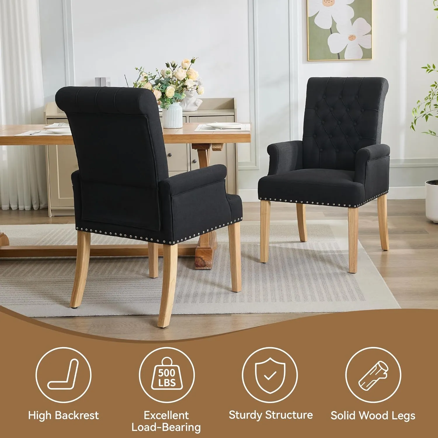 Fabric Dining Chair with Arms, Upholstered Tufted High Back Dining Room Chairs, Accent Armchair with Solid Wood Leg and Nailhead Trim, Kitchen Dining Living Room, Black