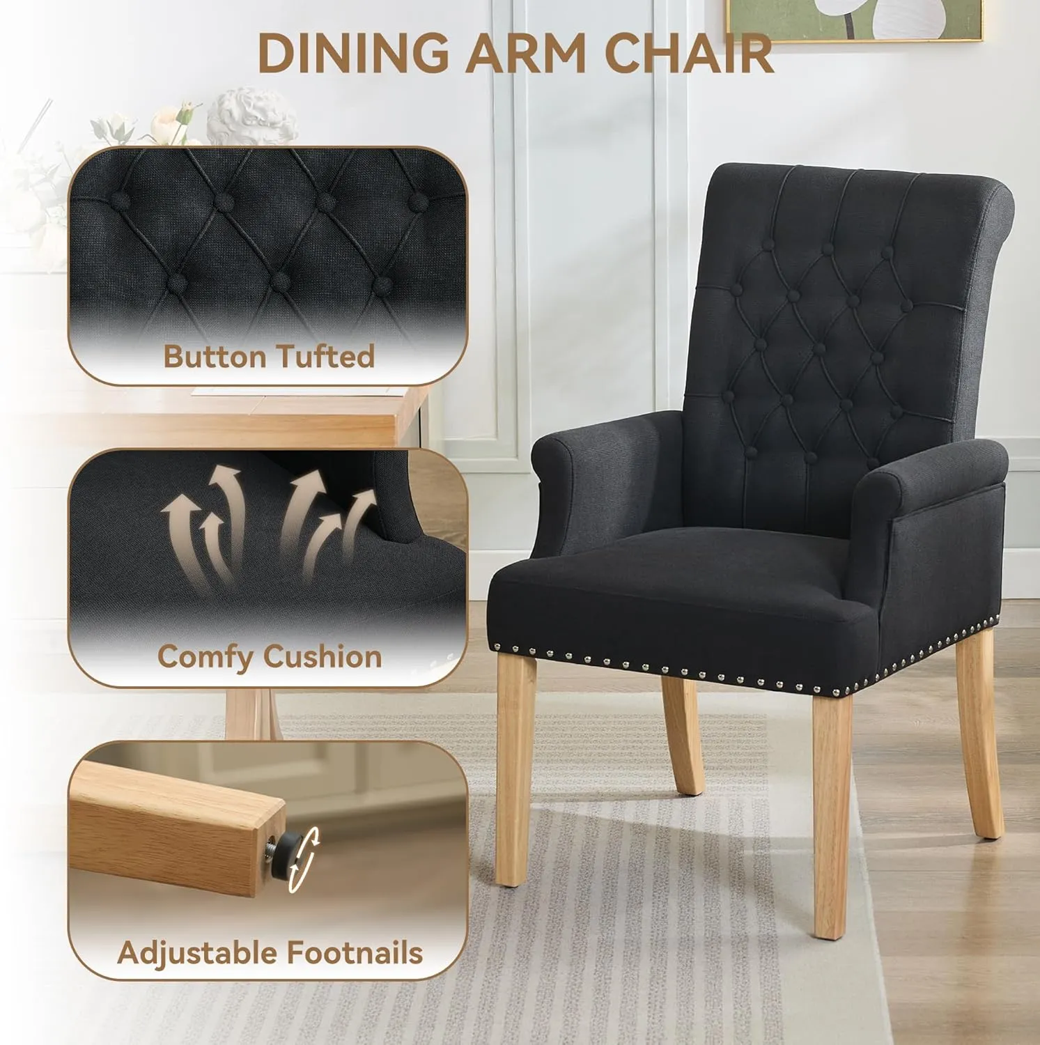 Fabric Dining Chair with Arms, Upholstered Tufted High Back Dining Room Chairs, Accent Armchair with Solid Wood Leg and Nailhead Trim, Kitchen Dining Living Room, Black