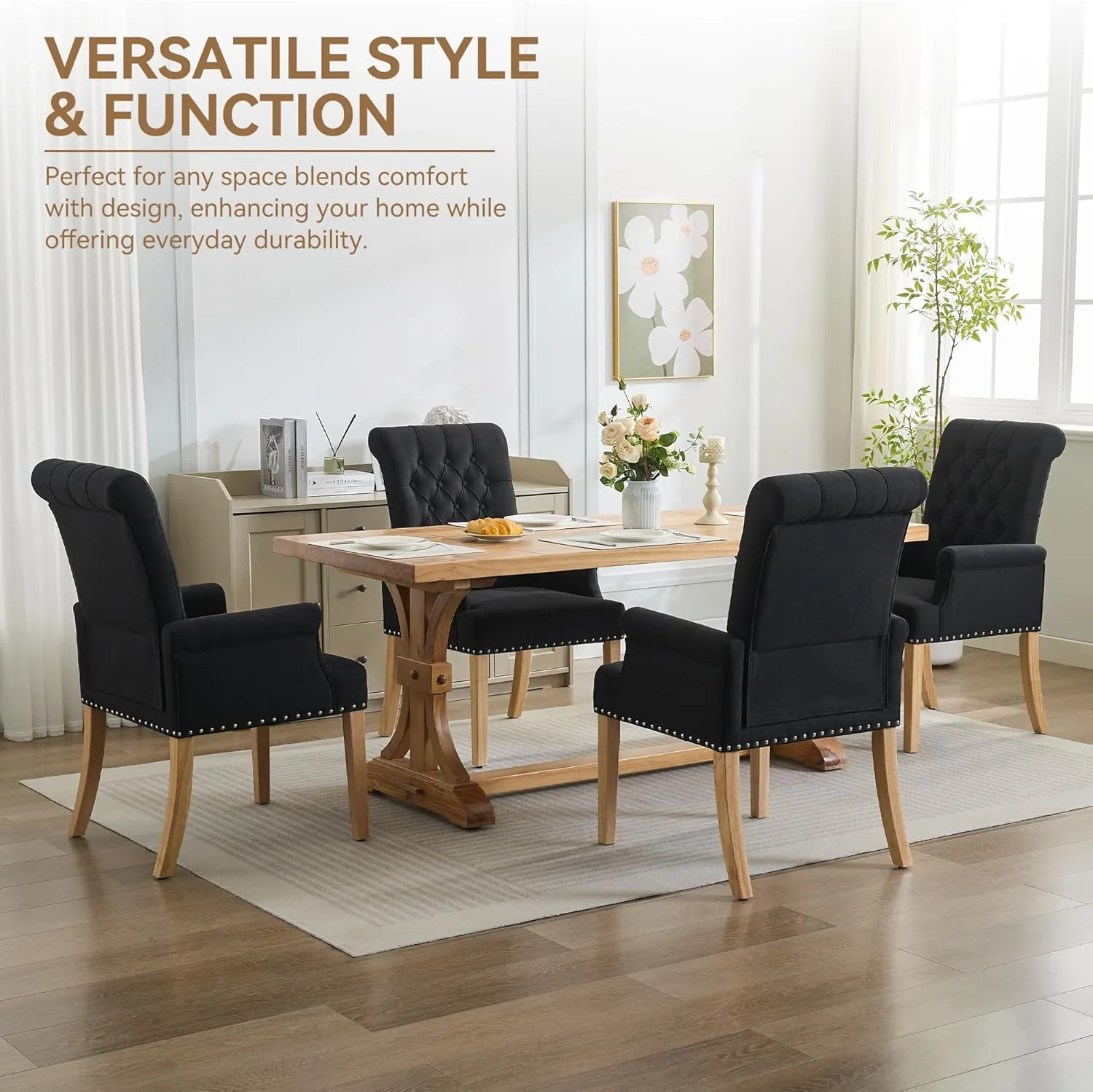 Fabric Dining Chair with Arms, Upholstered Tufted High Back Dining Room Chairs, Accent Armchair with Solid Wood Leg and Nailhead Trim, Kitchen Dining Living Room, Black