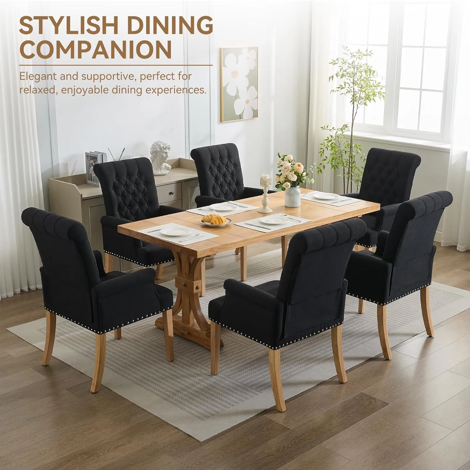 Fabric Dining Chair with Arms, Upholstered Tufted High Back Dining Room Chairs, Accent Armchair with Solid Wood Leg and Nailhead Trim, Kitchen Dining Living Room, Black