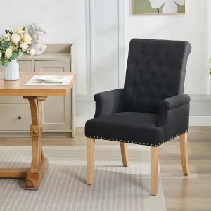 Fabric Dining Chair with Arms, Upholstered Tufted High Back Dining Room Chairs, Accent Armchair with Solid Wood Leg and Nailhead Trim, Kitchen Dining Living Room, Black
