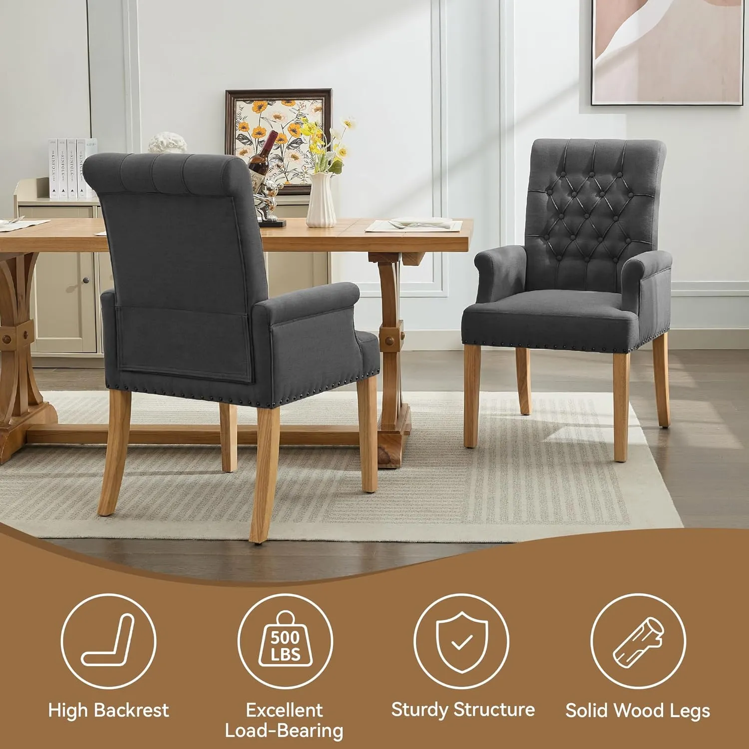 Fabric Dining Chair with Arms, Upholstered Tufted High Back Dining Room Chairs, Accent Armchair with Solid Wood Leg and Nailhead Trim, Kitchen Dining Living Room, Dark Grey