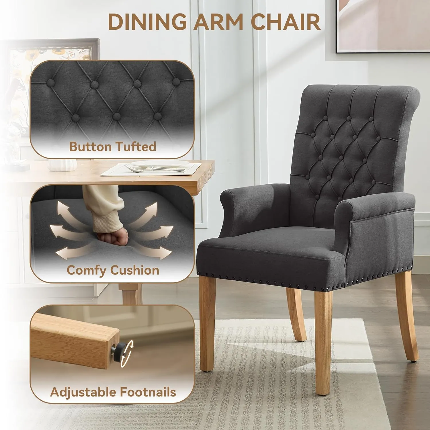 Fabric Dining Chair with Arms, Upholstered Tufted High Back Dining Room Chairs, Accent Armchair with Solid Wood Leg and Nailhead Trim, Kitchen Dining Living Room, Dark Grey