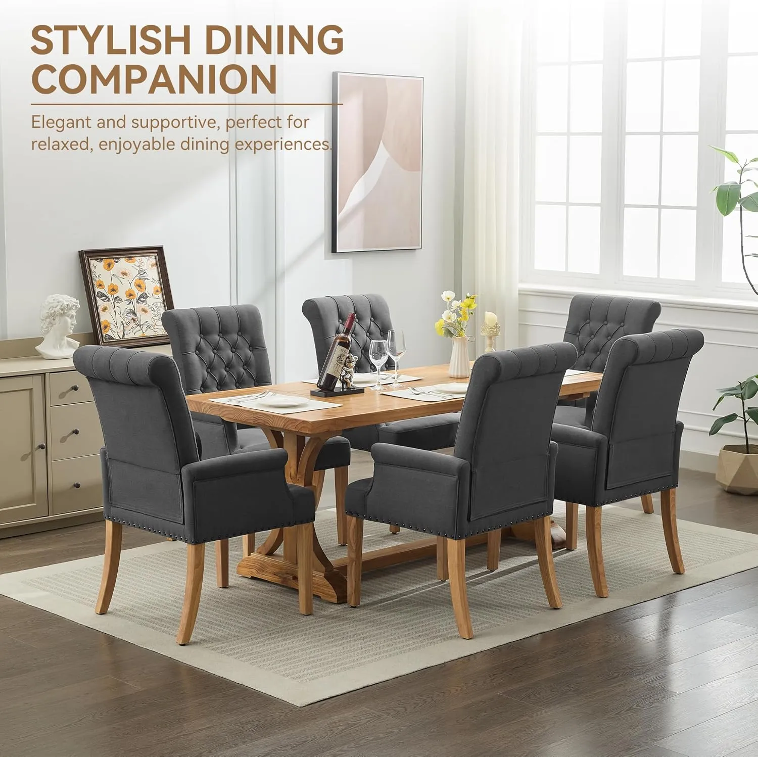 Fabric Dining Chair with Arms, Upholstered Tufted High Back Dining Room Chairs, Accent Armchair with Solid Wood Leg and Nailhead Trim, Kitchen Dining Living Room, Dark Grey