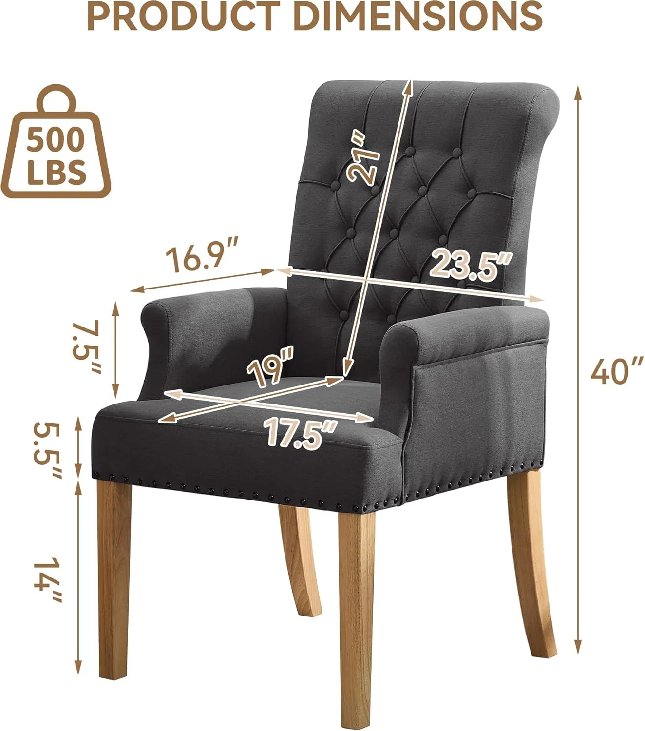 Fabric Dining Chair with Arms, Upholstered Tufted High Back Dining Room Chairs, Accent Armchair with Solid Wood Leg and Nailhead Trim, Kitchen Dining Living Room, Dark Grey