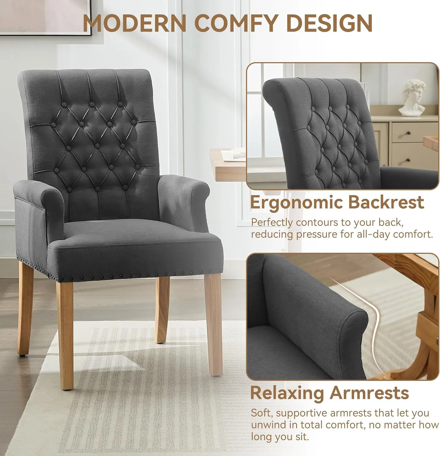 Fabric Dining Chair with Arms, Upholstered Tufted High Back Dining Room Chairs, Accent Armchair with Solid Wood Leg and Nailhead Trim, Kitchen Dining Living Room, Dark Grey