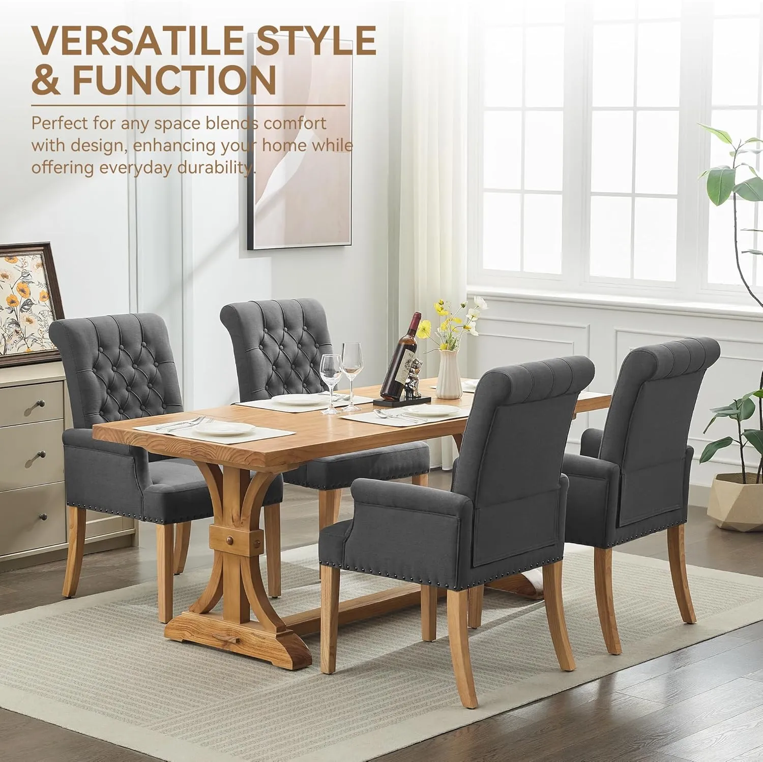 Fabric Dining Chair with Arms, Upholstered Tufted High Back Dining Room Chairs, Accent Armchair with Solid Wood Leg and Nailhead Trim, Kitchen Dining Living Room, Dark Grey