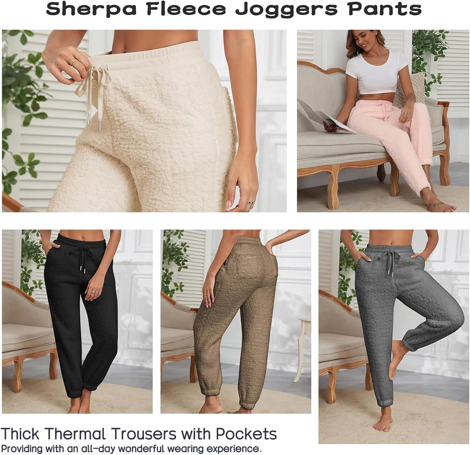 Famulily Womens Winter Sherpa Fleece Sweatpants Drawstring Waist Joggers Pants Thick Thermal Trousers with Pockets