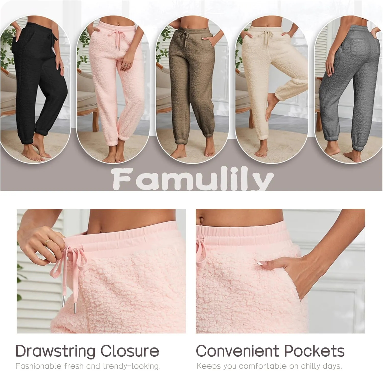 Famulily Womens Winter Sherpa Fleece Sweatpants Drawstring Waist Joggers Pants Thick Thermal Trousers with Pockets