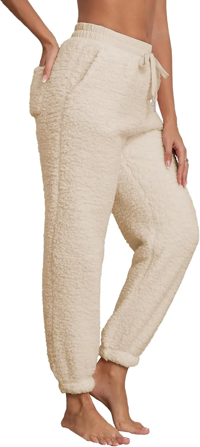 Famulily Womens Winter Sherpa Fleece Sweatpants Drawstring Waist Joggers Pants Thick Thermal Trousers with Pockets