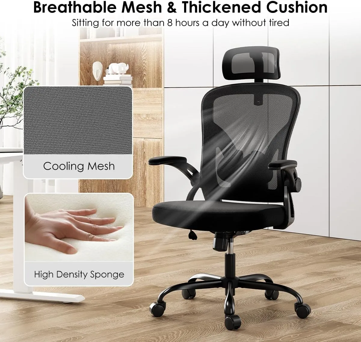 Farini Ergonomic Office Chair, Home Office Desk Chair with Headrest, High Back Computer Chair with Armrests and Adjustable Lumbar Support.for Home Office Study Room Bedroom, Black & Black