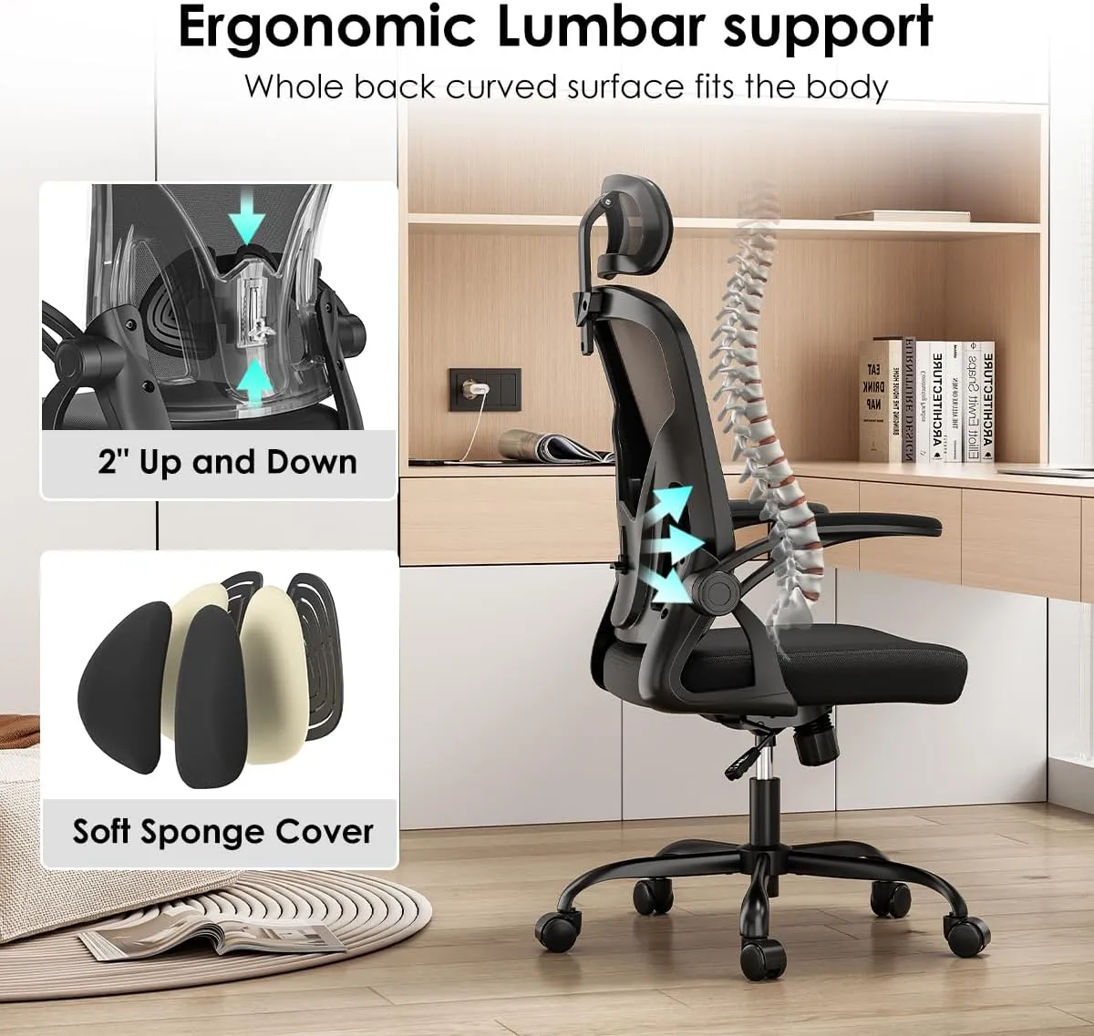 Farini Ergonomic Office Chair, Home Office Desk Chair with Headrest, High Back Computer Chair with Armrests and Adjustable Lumbar Support.for Home Office Study Room Bedroom, Black & Black