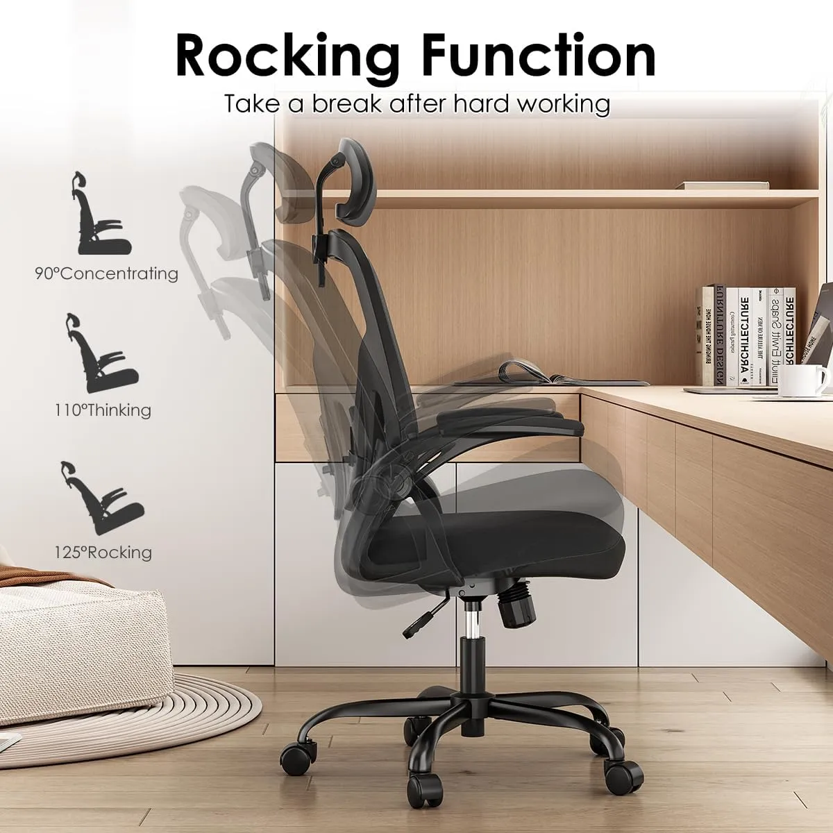 Farini Ergonomic Office Chair, Home Office Desk Chair with Headrest, High Back Computer Chair with Armrests and Adjustable Lumbar Support.for Home Office Study Room Bedroom, Black & Black