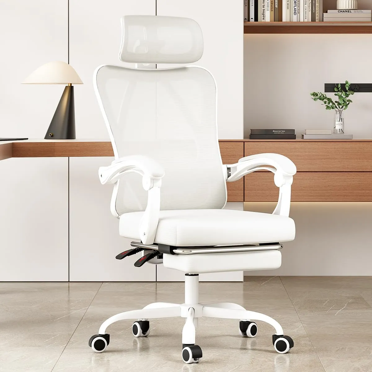 Farini Ergonomic Office Chair with Footrest, Mesh Office Desk Chair with Headrest, High Back Computer Chair with Adjustable Lumbar Support for Home Office Study Room Bedroom, White & Beige