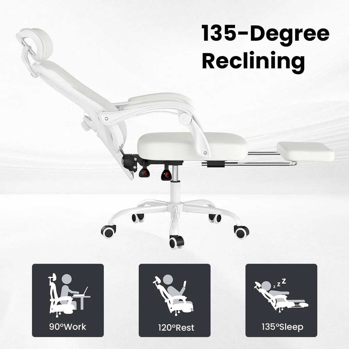 Farini Ergonomic Office Chair with Footrest, Mesh Office Desk Chair with Headrest, High Back Computer Chair with Adjustable Lumbar Support for Home Office Study Room Bedroom, White & Beige