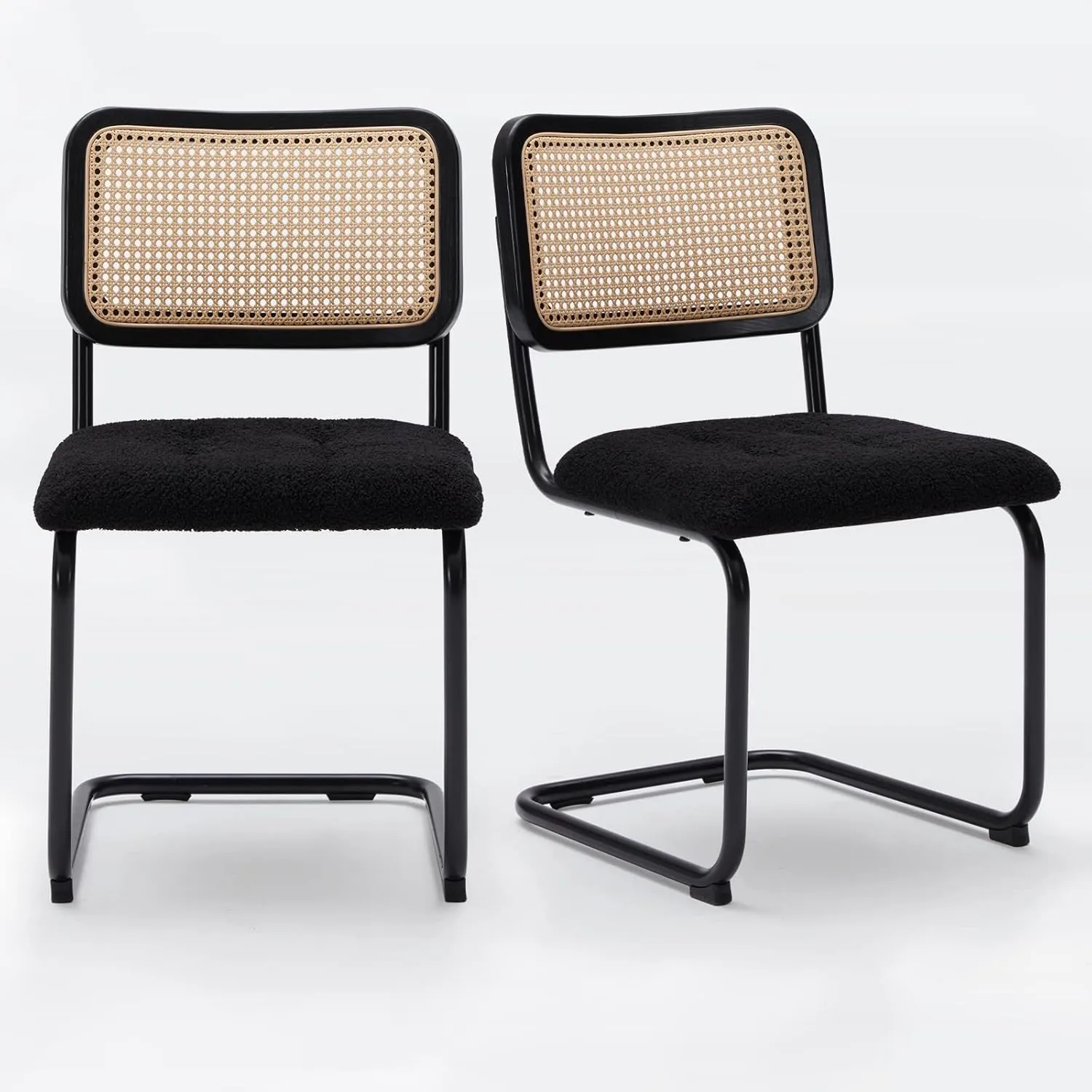 Farini Kitchen Dining Chairs Set of 2,Mid-Century Modern Chair Armless Mesh Backrest Cane Rattan Chairs for Home Dining Room(Black,Teddy-Velvet)