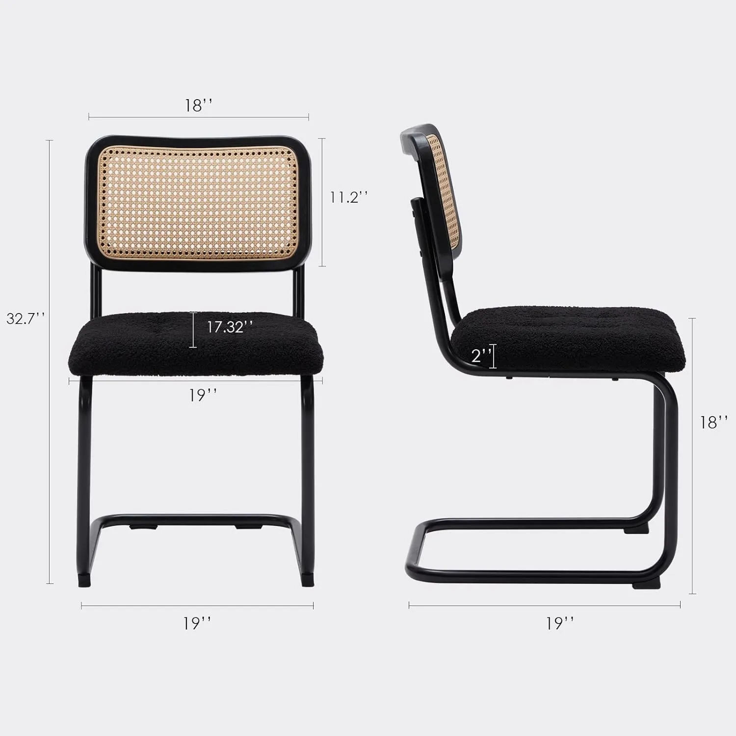Farini Kitchen Dining Chairs Set of 2,Mid-Century Modern Chair Armless Mesh Backrest Cane Rattan Chairs for Home Dining Room(Black,Teddy-Velvet)