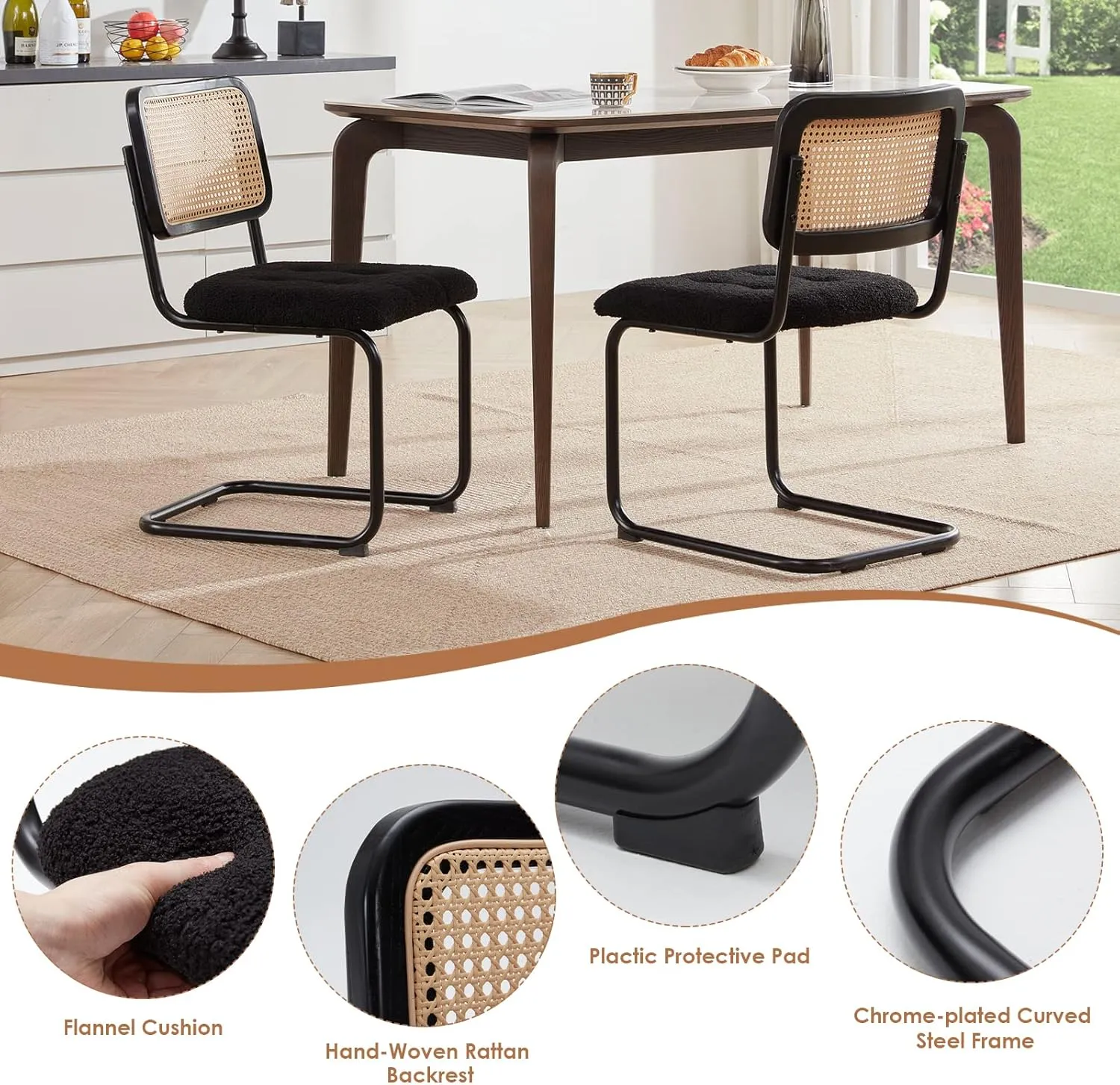 Farini Kitchen Dining Chairs Set of 2,Mid-Century Modern Chair Armless Mesh Backrest Cane Rattan Chairs for Home Dining Room(Black,Teddy-Velvet)