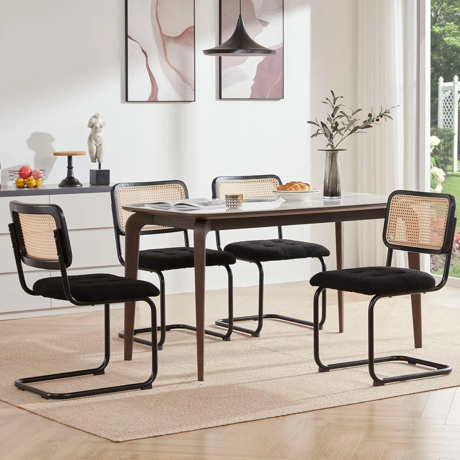 Farini Kitchen Dining Chairs Set of 2,Mid-Century Modern Chair Armless Mesh Backrest Cane Rattan Chairs for Home Dining Room(Black,Teddy-Velvet)