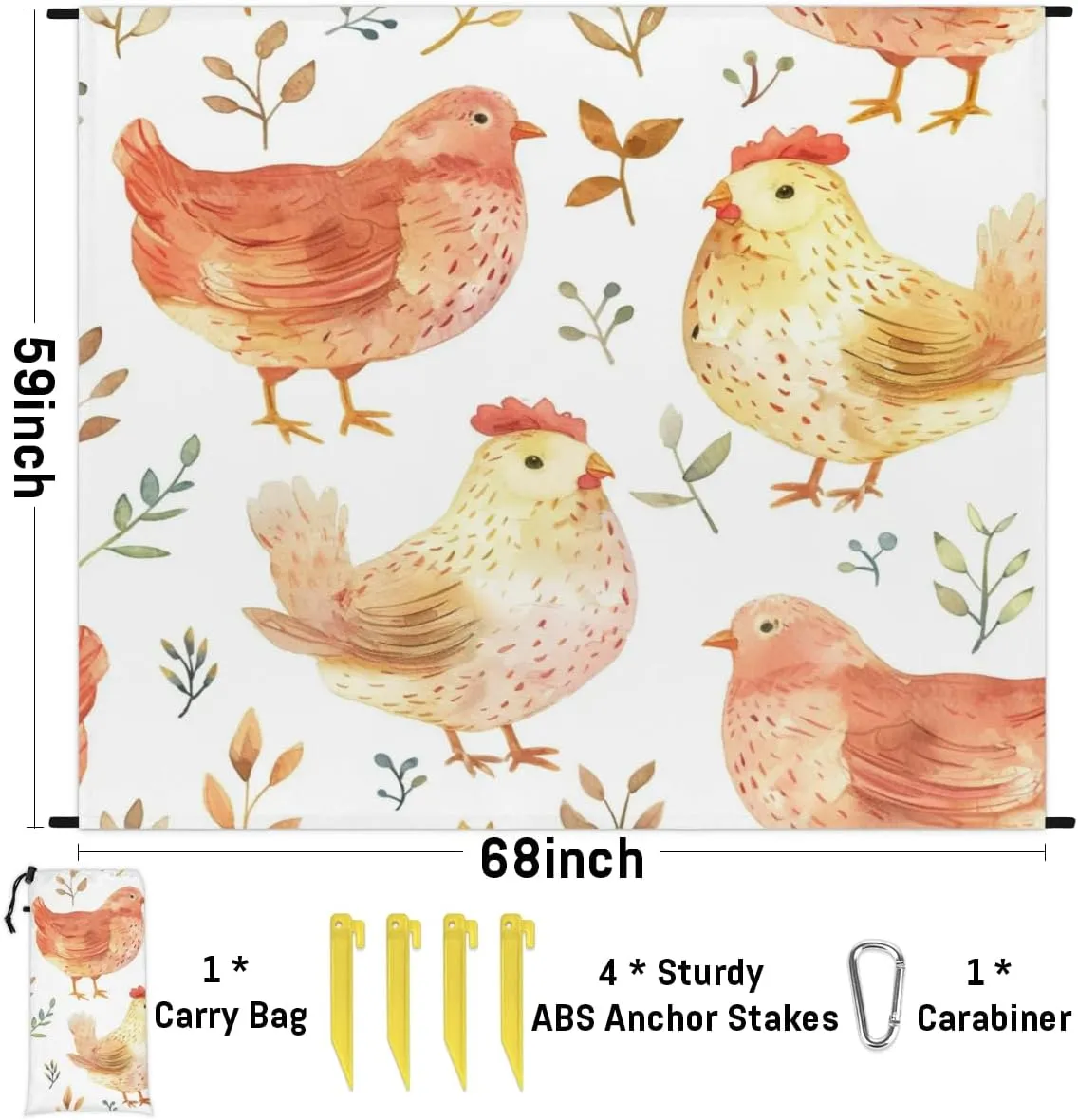 Farmhouse Rooster Beach Blanket, Sandproof Beach Mat, Adults Waterproof Quick Drying Sand Free Mat with 4 x Ground Spikes for Outdoor Travel Camping Hiking, Cute Chicken Printed