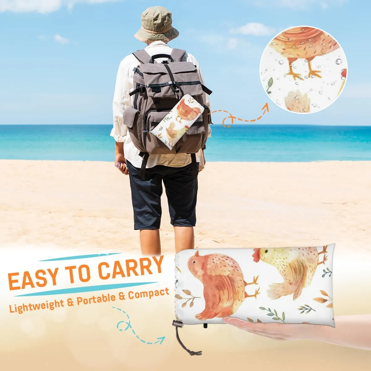 Farmhouse Rooster Beach Blanket, Sandproof Beach Mat, Adults Waterproof Quick Drying Sand Free Mat with 4 x Ground Spikes for Outdoor Travel Camping Hiking, Cute Chicken Printed