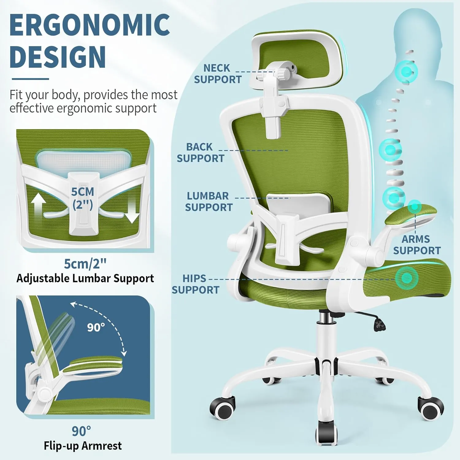 FelixKing Ergonomic Office Chair, Adjustable Lumbar Support, Swivel Chair with HighBack and Armrest, Adjustable Height Gaming Chair, Avocado Green