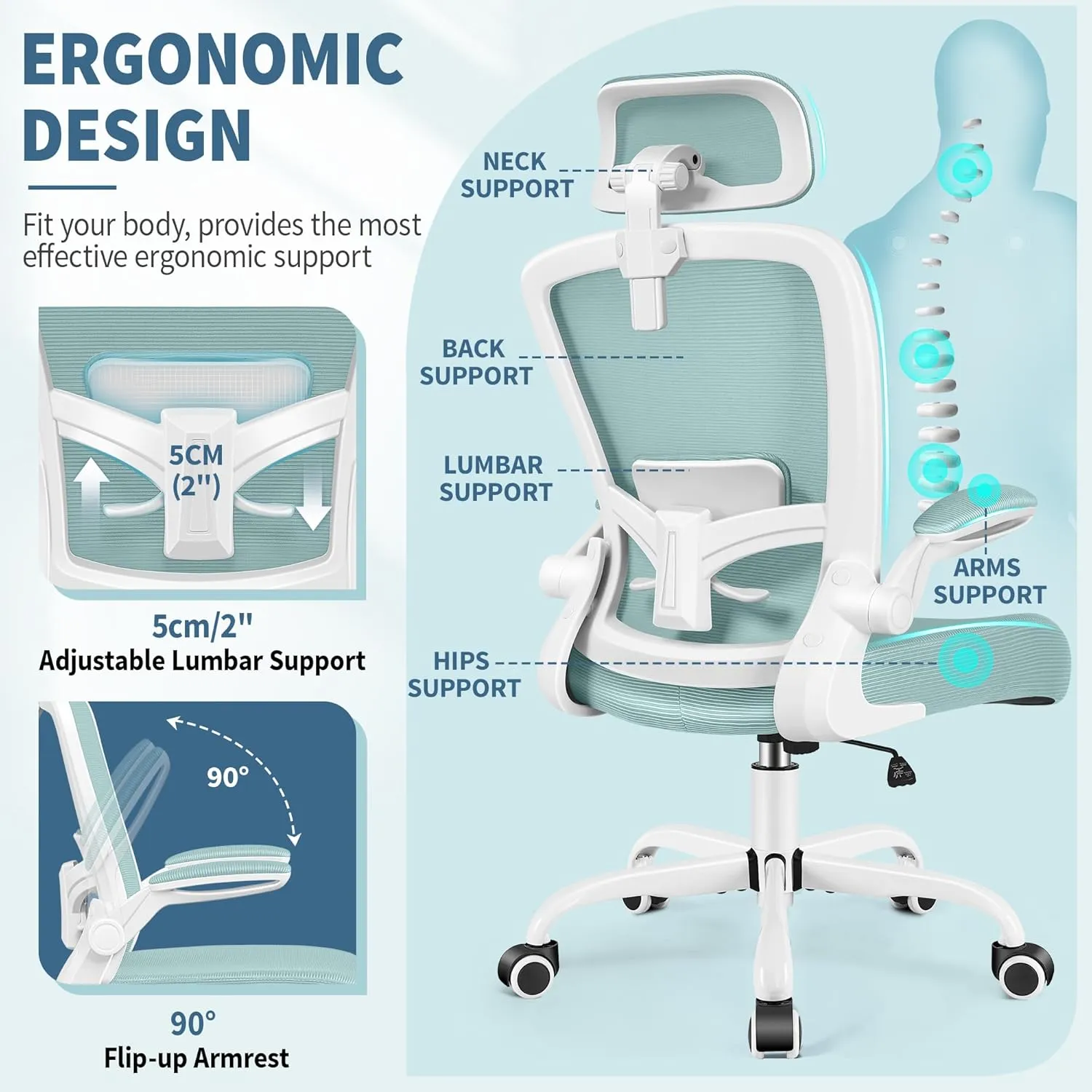 FelixKing Ergonomic Office Chair, Headrest Desk Chair Office Chair with Adjustable Lumbar Support, Home Office Swivel Task Chair with High Back and Armrest, Adjustable Height Gaming Chair(Light Blue)