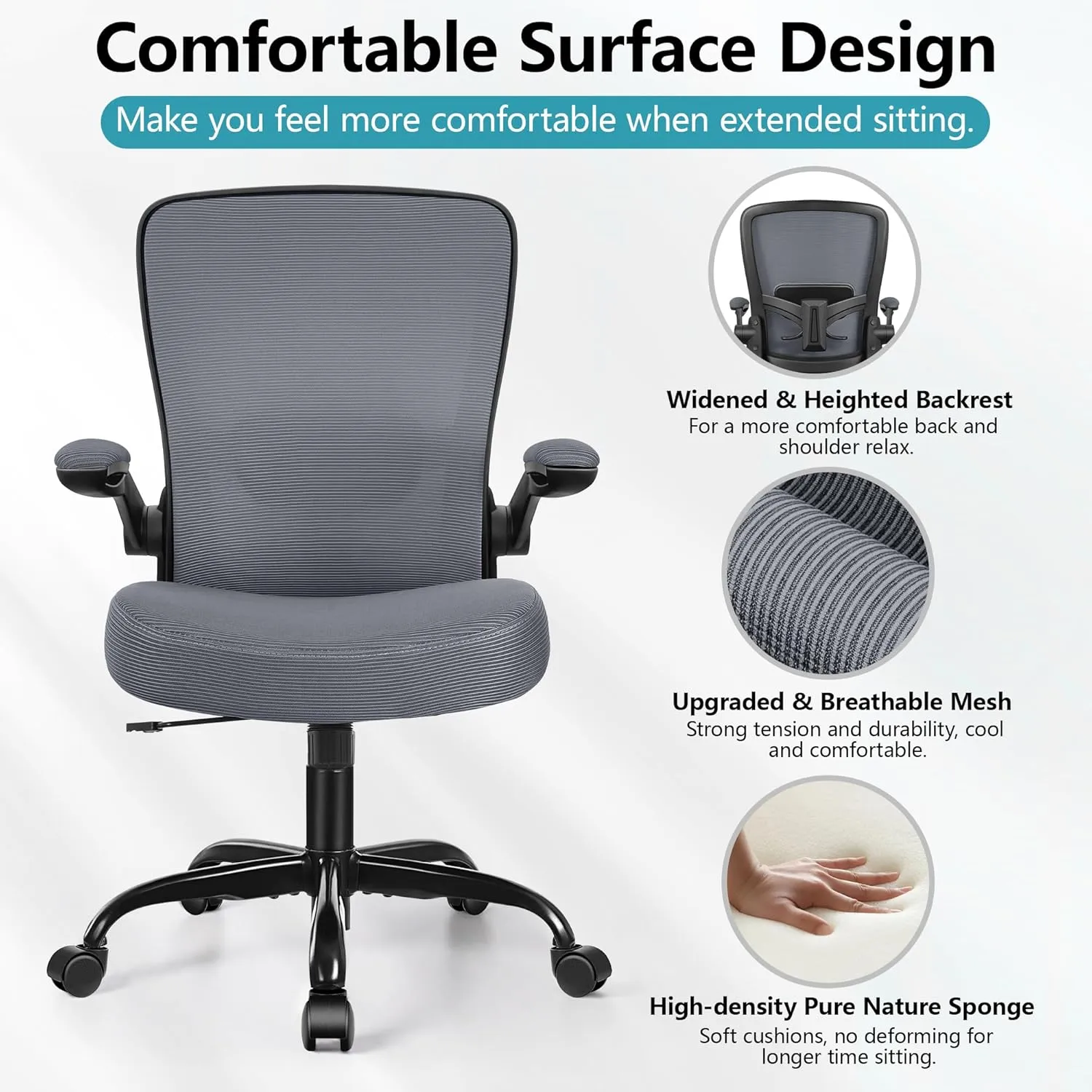 FelixKing Office Chair, Ergonomic Desk Chair Breathable Mesh Chair with Adjustable High Back Lumbar Support Flip-up Armrests, Executive Rolling Swivel Comfy Task Computer Chair for Home Office
