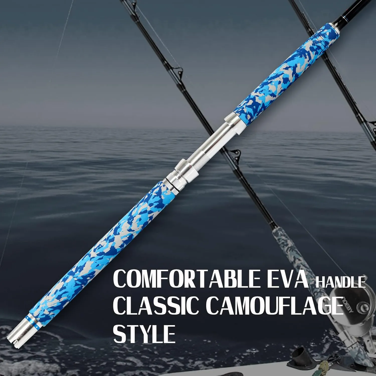 Fiblink Fishing Trolling Rod 1 Piece Saltwater Offshore Heavy Roller Rod Big Game Conventional Boat Camo Fishing Pole (6'6",30-50lb/50-80lb/80-120lb)