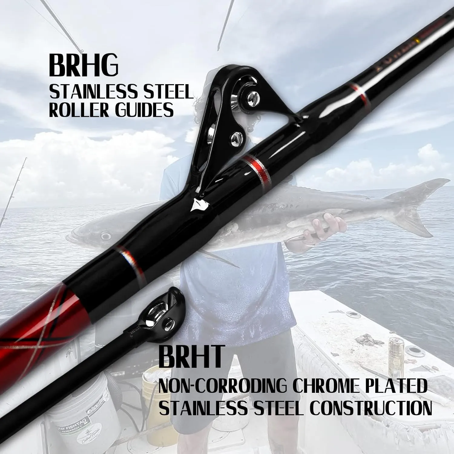 Fiblink Saltwater Fishing Trolling Rod 1-Piece Heavy Duty Roller Rod Big Game Conventional Boat Fishing Pole with Roller Guides (50-80lb/80-120lb/120-200lb)