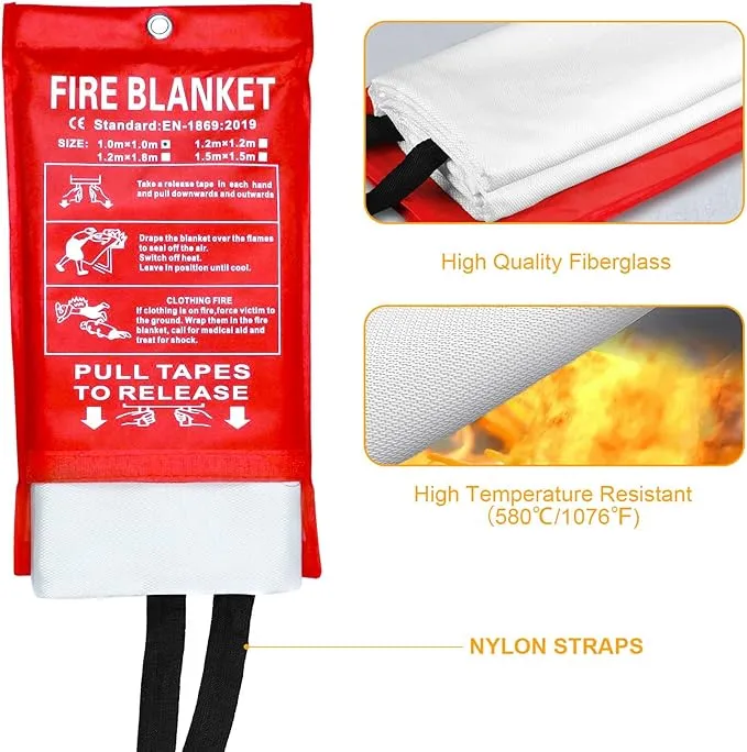 Fire Blanket Emergency for Home Kitchen, Fiberglass Fire Suppression Blanket for School, Fireplace, Outdoor Grill, Car, Office, Warehouse (1 Pack)