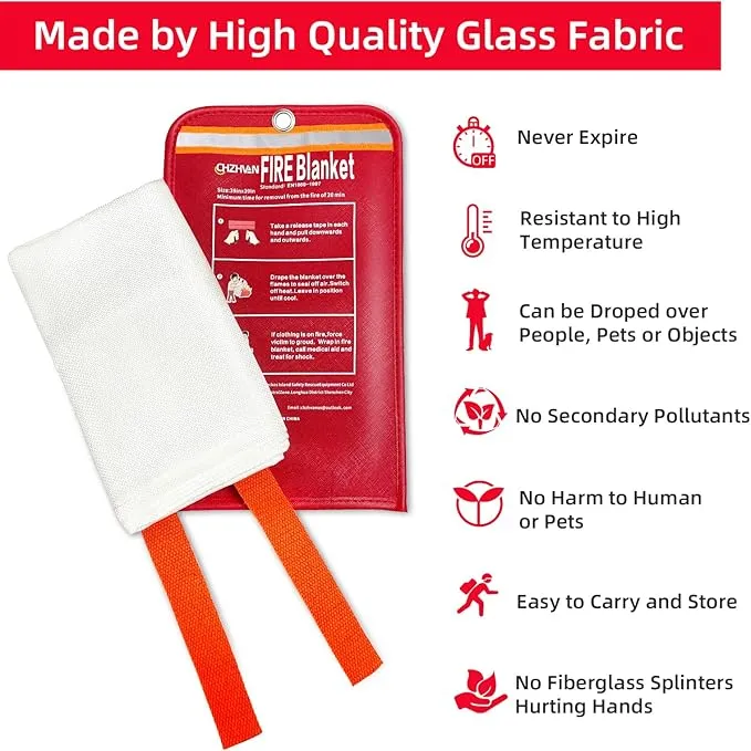 Fire Blanket for Home and Kitchen, Premium Fiberglass [No Harm to Skin], 39.3" X 39.3" Emergency Fire Suppression Blanket with 2 Hooks for Car, Garage, Office & Camping, 2 Pack
